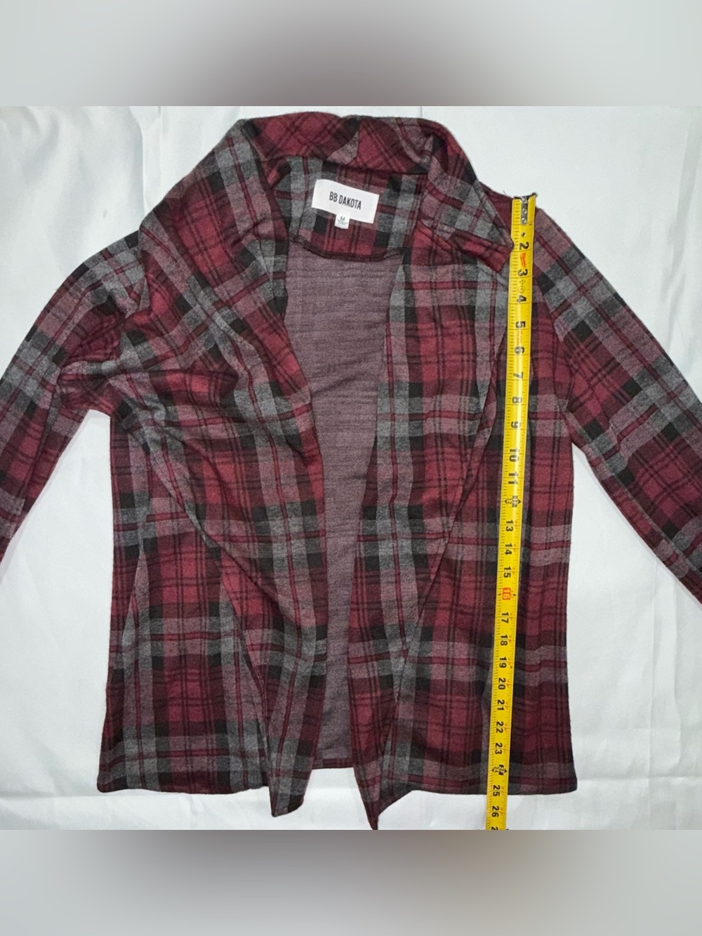BB Dakota Plaid Drape Front Cardigan Red Grey Open Front Jacket Sweater Medium M - Picture 8 of 8